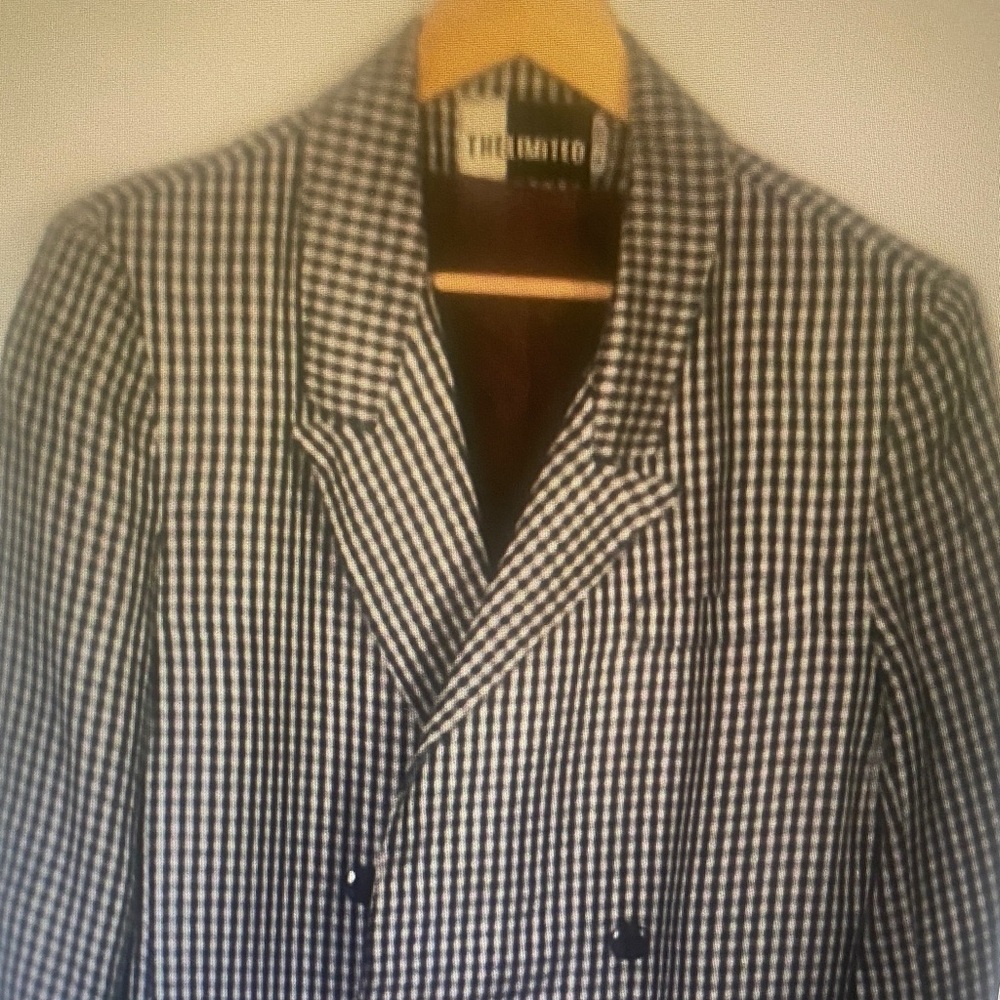 Vintage The Limited Hounds Tooth Navy Beige Gray Long Blazer Jacket Sz 6 Women